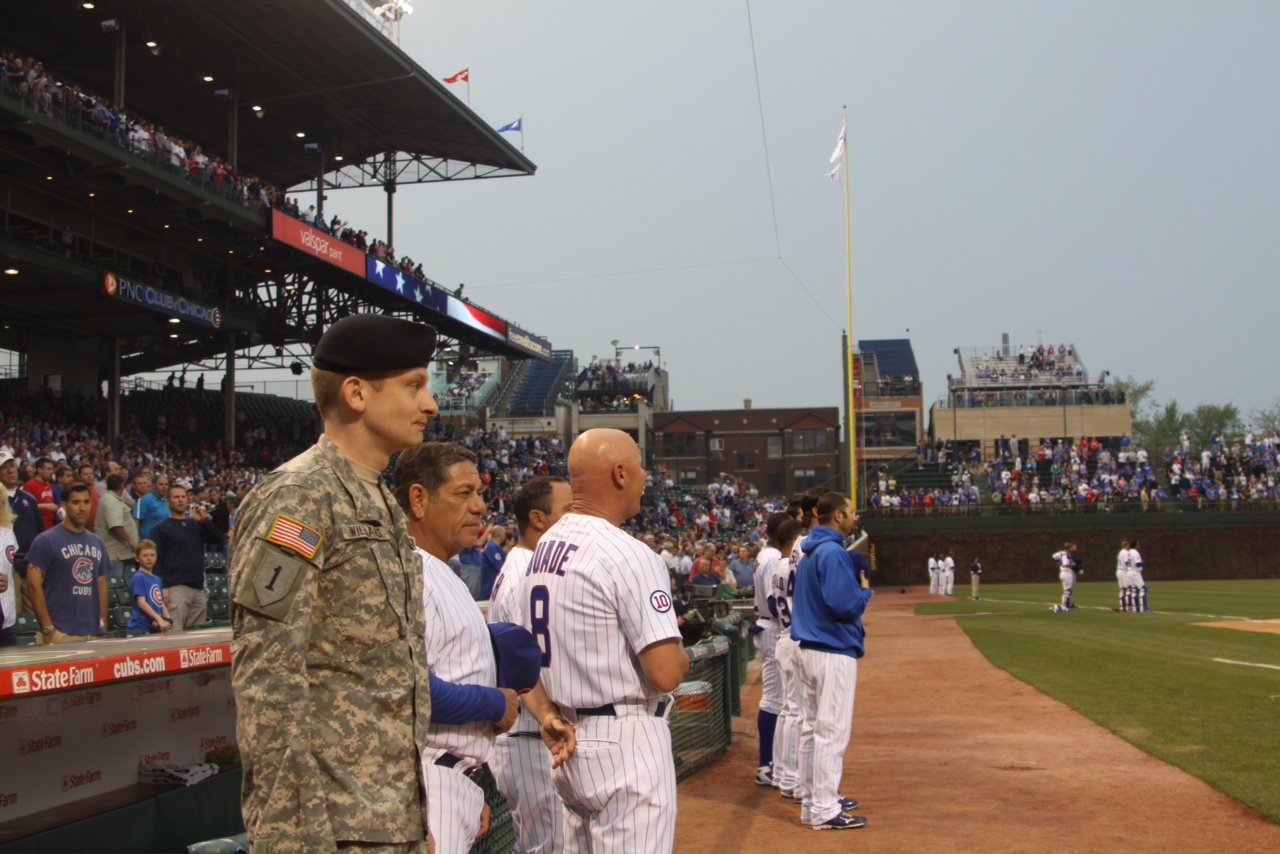 Iraq veteran Sean Williams with Cubs players, Wrigley Field